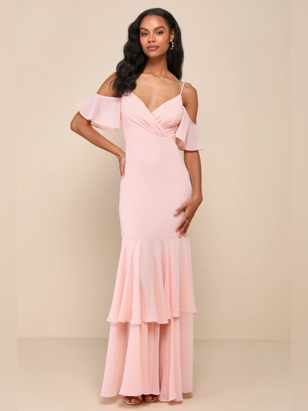 Lulus Brilliant Perfection Blush Pink Cold-Shoulder Tiered Maxi Dress size XL